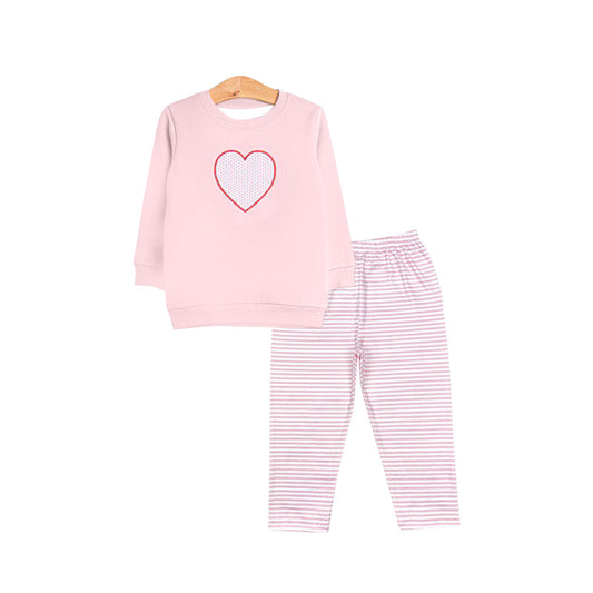 ( Moq 5 ) Preorder Baby Girls Long Sleeve Heart Shirt Pink Stripes Pants Valentine Set