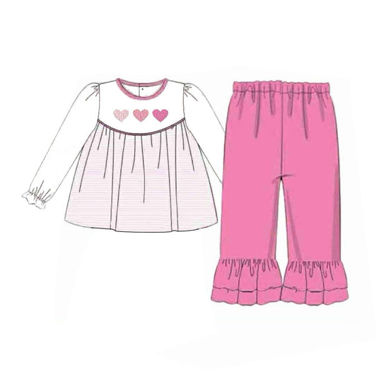 ( Moq 5 ) Preorder Baby Girls Long Sleeves Hearts Tunic Ruffle Pink Pants Valentine Clothes Set