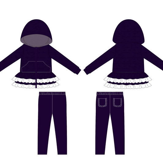 ( Moq 5 ) Preorder Baby Girls Purple Hoodie Zipper Ruffles Tops Pockets Pants Clothes Set