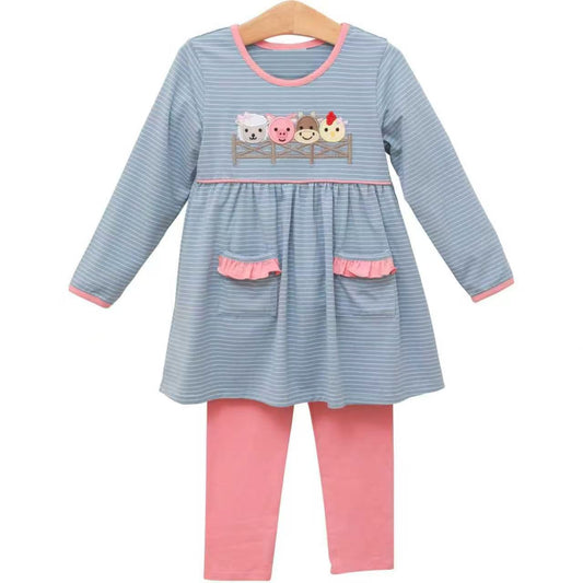 ( Moq 5 ) Preorder Baby Girls Farm Animals Stripes Pockets Tunic Pink Pants Clothes Set