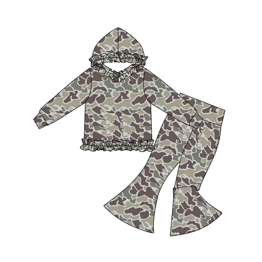 ( Moq 5 ) Preorder Baby Girls Long Sleeves Dark Grey Camo Hoodie Pullover Bell Pants Clothes Set