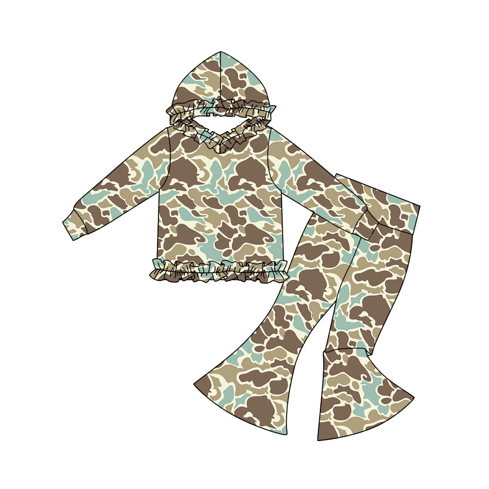 ( Moq 5 ) Preorder Baby Girls Long Sleeves Ruffle Hoodie Pullover Bell Pants Green Camo Clothes Set