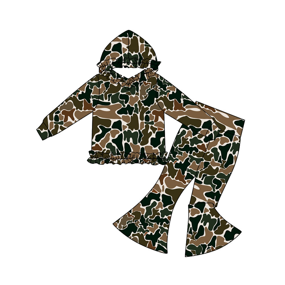 ( Moq 5 ) Preorder Baby Girls Long Sleeves Brown Green Camo Hoodie Pullover Bell Pants Clothes Set
