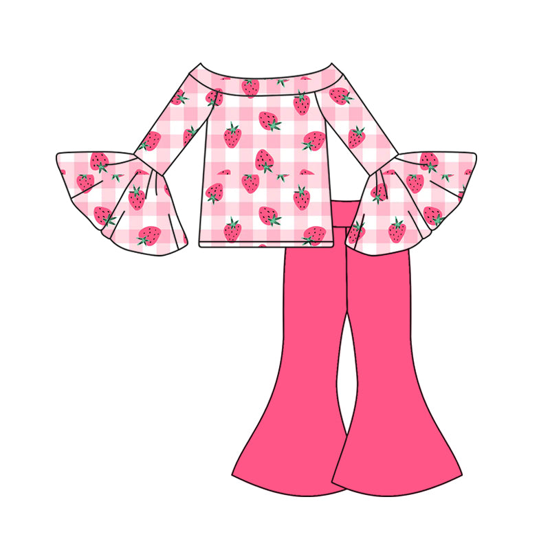 ( Moq 5 ) Preorder Baby Girls Long Sleeves Strawberry Plaid Tops Pink Bell Pants Clothes Set