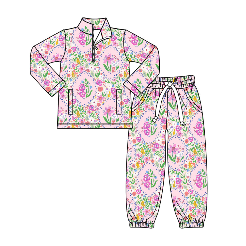 ( Moq 5 )Preorder Baby Girls Long Sleeves Flower Zipper Pullover Pockets Pants Pink Outfit