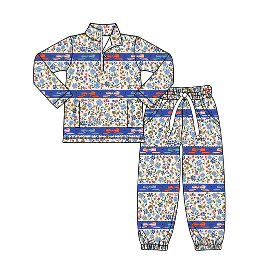 ( Moq 5 )Preorder Baby Girls Floral Bows Stripes Zipper Pullover Pockets Pants Clothes Set