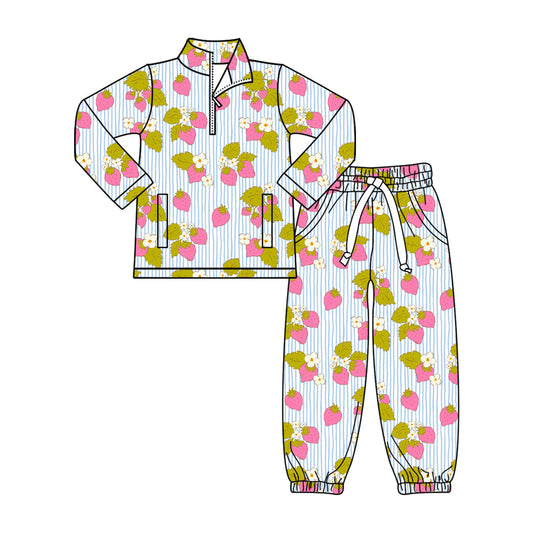 ( Moq 5 )Preorder Baby Girls Strawberry Flower Stripes Zipper Pullover Pockets Pants Clothes Set