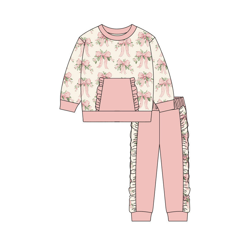 ( Moq 5 ) Preorder Baby Girls Long Sleeves Bows Flower Pocket Shirt Ruffle Pants Set