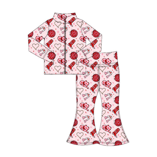 ( Moq 5 ) Preorder Baby Girls Hearts Boots Zipper Pockets Tops Pants Valentine Yoga Outfit