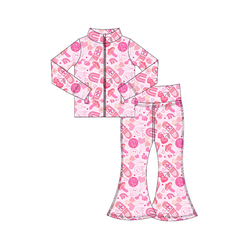 ( Moq 5 ) Preorder Baby Girls Hearts Smile Zipper Pockets Tops Pants Valentine Yoga Pink Outfit