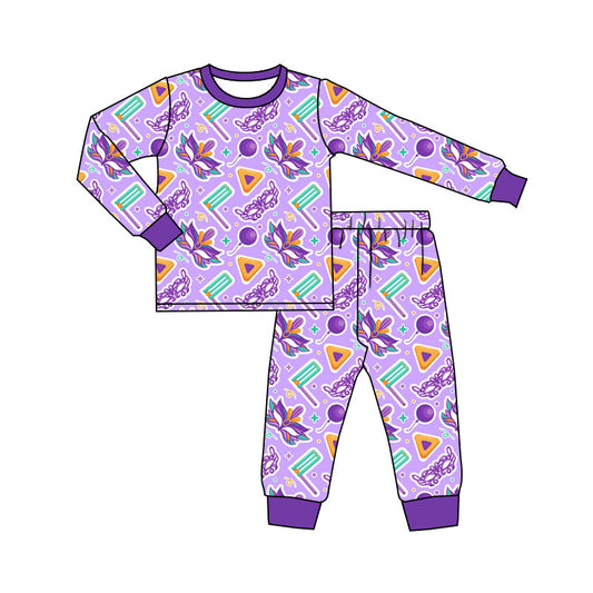 ( Moq 5 ) Preorder Baby Girls Purple Long Sleeves Masks Shirt Pants Mardi Gras Pajamas Set