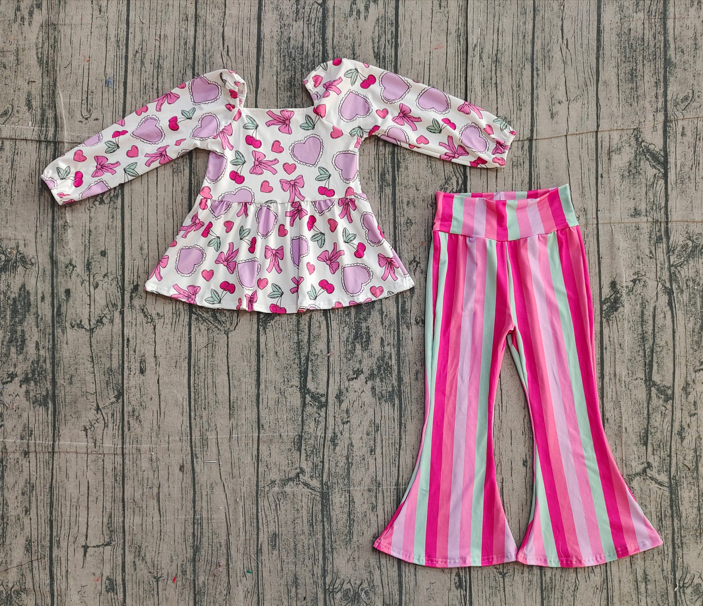 Baby Girls Long Sleeves Hearts Bows Tops Stripes Pants Valentine Clothes Set RTS