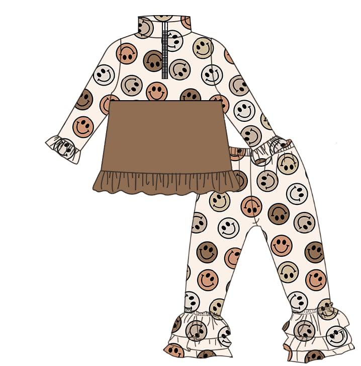( Moq 5 ) Preorder Baby Girls Long Sleeves Smile Zipper Pullover Ruffle Pants Clothes Set