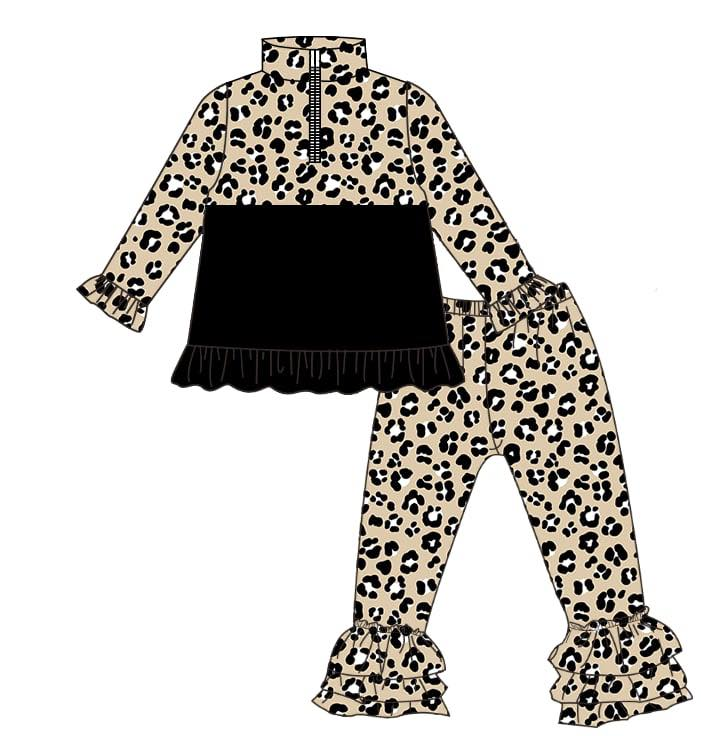 ( Moq 5 ) Preorder Baby Girls Long Sleeves Leopard Zipper Pullover Ruffle Pants Clothes Set