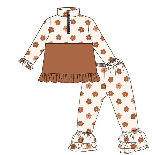 ( Moq 5 ) Preorder Baby Girls Long Sleeves Flower Zipper Pullover Ruffle Pants Clothes Set