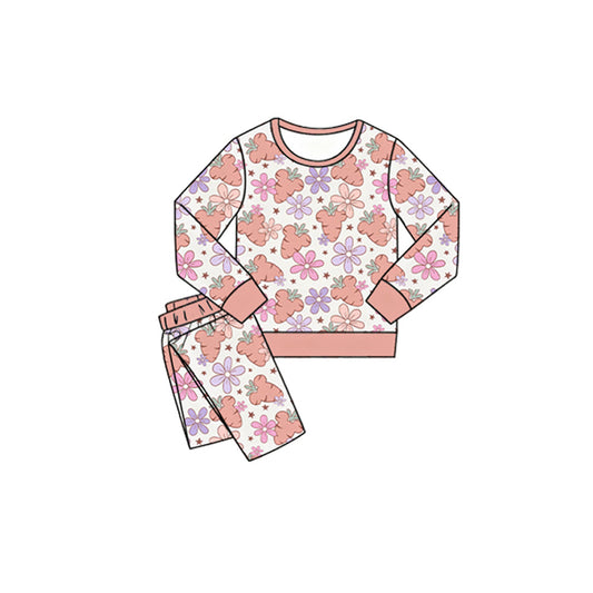 ( Moq 5 ) Preorder Baby Girls Long Sleeves Carrots Flower Shirt Pants Easter Pajamas Set