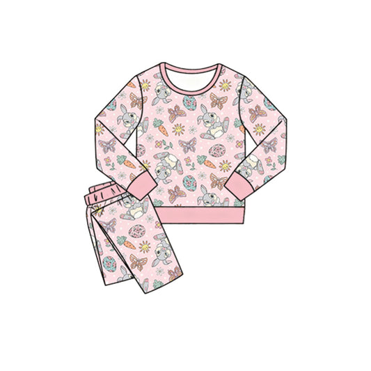 ( Moq 5 ) Preorder Baby Girls Long Sleeves Rabbits Carrots Flower Shirt Pants Easter Pajamas Set