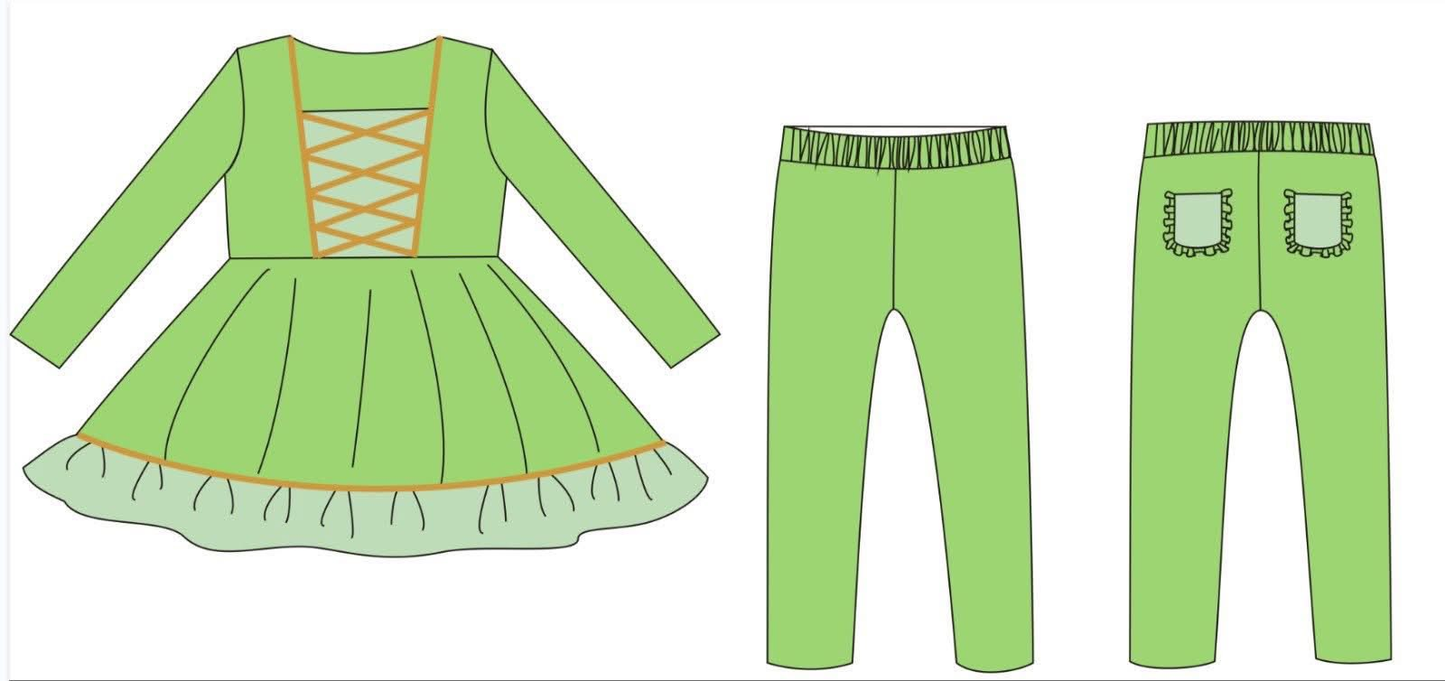 ( Moq 5 ) Preorder Baby Girls Green Long Sleeves Ruffle Tunic Leggings Pockets Princess Set