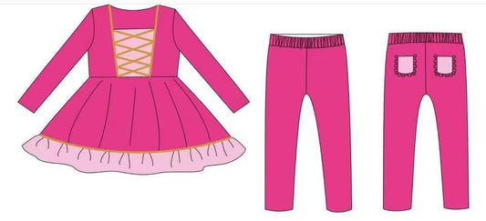 ( Moq 5 ) Preorder Baby Girls Pink Long Sleeves Ruffle Tunic Leggings Pockets Princess Set