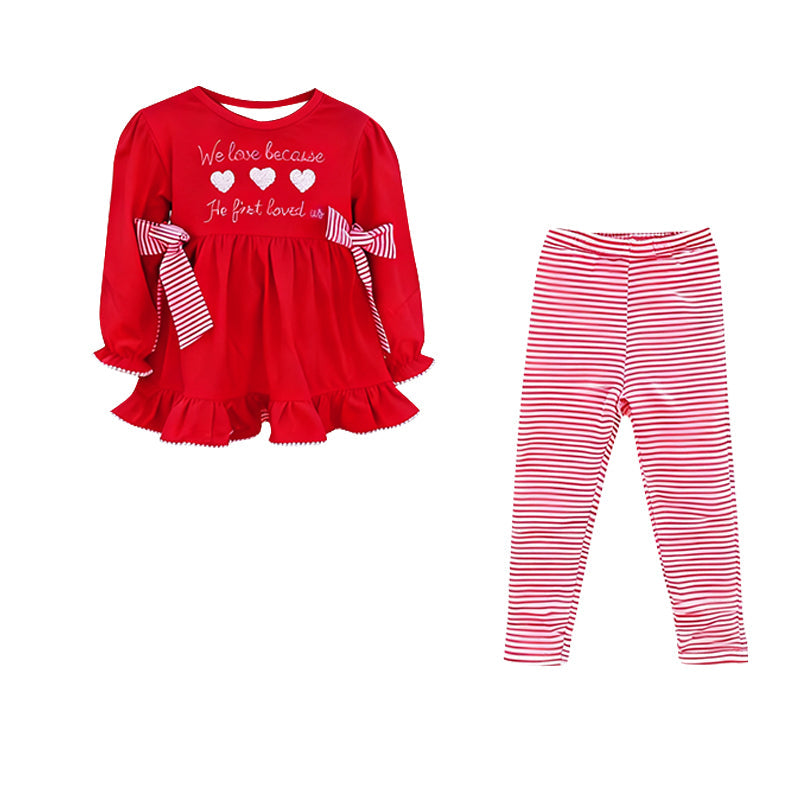 ( Moq 5 ) Preorder Baby Girls Hearts Bows Red Tunic Stripes Leggings Valentine Clothes Set