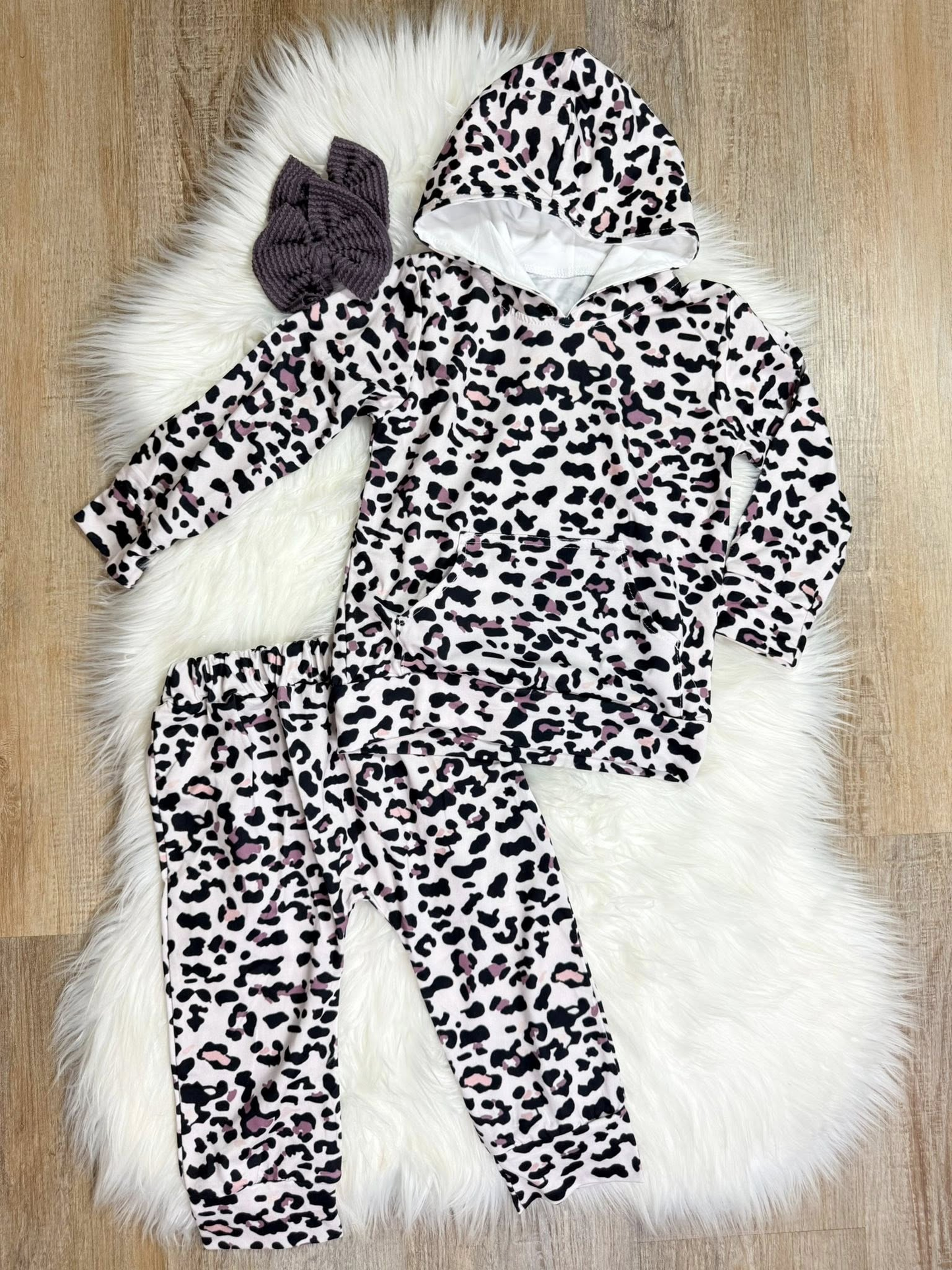 ( Moq 5 ) Preorder Baby Girls Long Sleeves Leopard Pocket Hoodie Pullover Pants Clothes Set