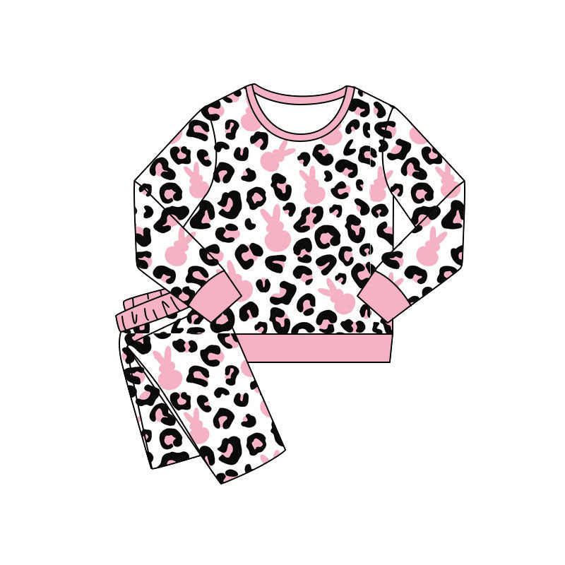 ( Moq 5 ) Preorder Baby Girls Long Sleeves Rabbits Leopard Shirt Pants Easter Pink Pajamas Set