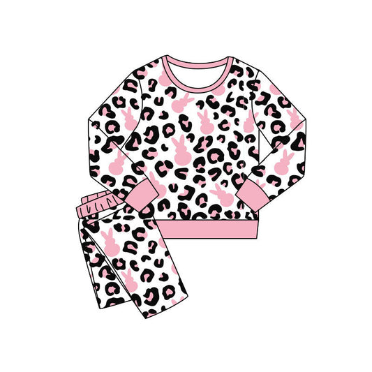 ( Moq 5 ) Preorder Baby Girls Long Sleeves Rabbits Leopard Shirt Pants Easter Pink Pajamas Set