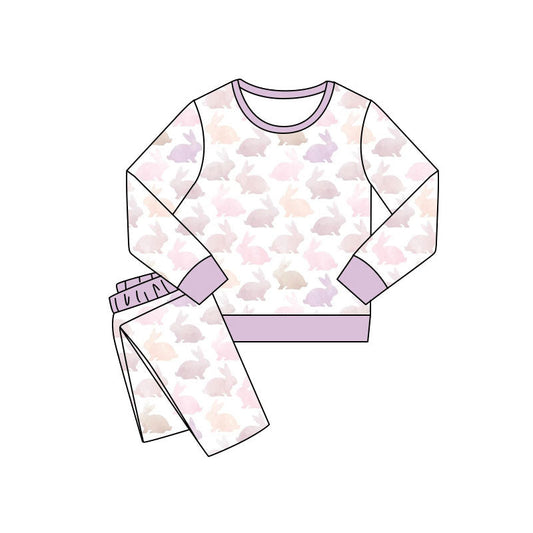 ( Moq 5 ) Preorder Baby Girls Long Sleeves Rabbits Shirt Pants Easter Purple Pajamas Set