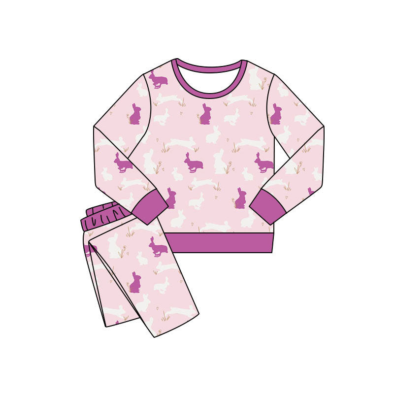 ( Moq 5 ) Preorder Baby Girls Kids Long Sleeves Rabbits Shirt Pants Easter Pajamas Set