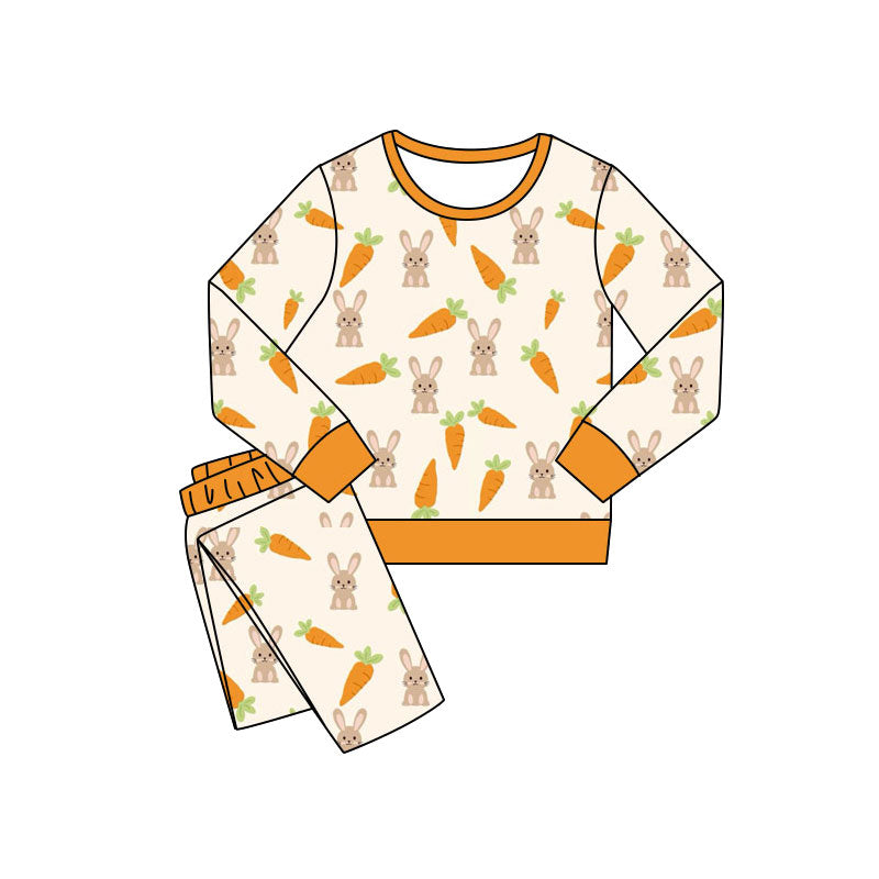 ( Moq 5 ) Preorder Baby Kids Long Sleeves Carrots Rabbits Shirt Pants Easter Orange Pajamas Set
