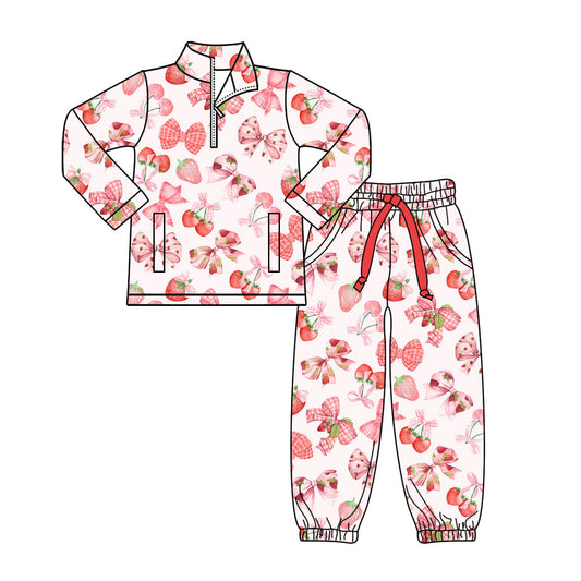 ( Moq 5 ) Preorder Baby Girls Long Sleeves Strawberry Bows Zipper Pockets Pullover Pants Clothes Set