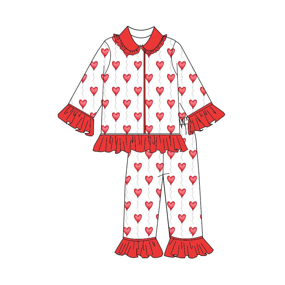( Moq 5 ) Preorder Baby Girls Long Sleeves Hearts Buttons Tops Pants Valentine Ruffle Pajamas Set