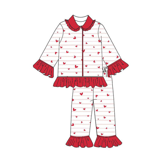 ( Moq 5 ) Preorder Baby Girls Long Sleeves Hearts Stripes Buttons Tops Pants Valentine Ruffle Pajamas Set