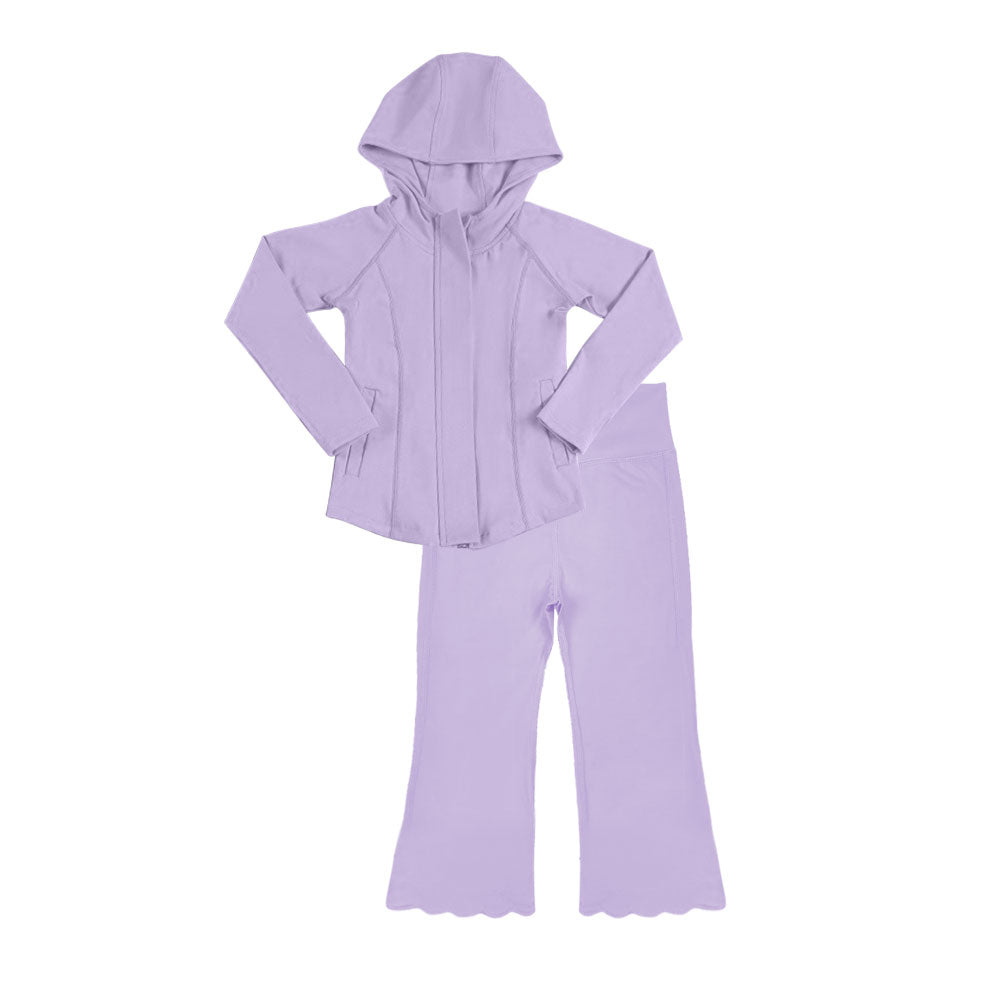 ( Moq 5 ) Preorder Baby Girls Long Sleeves Pockets Zipper Hoodie Jacket Pants Yoga Purple Clothes Set