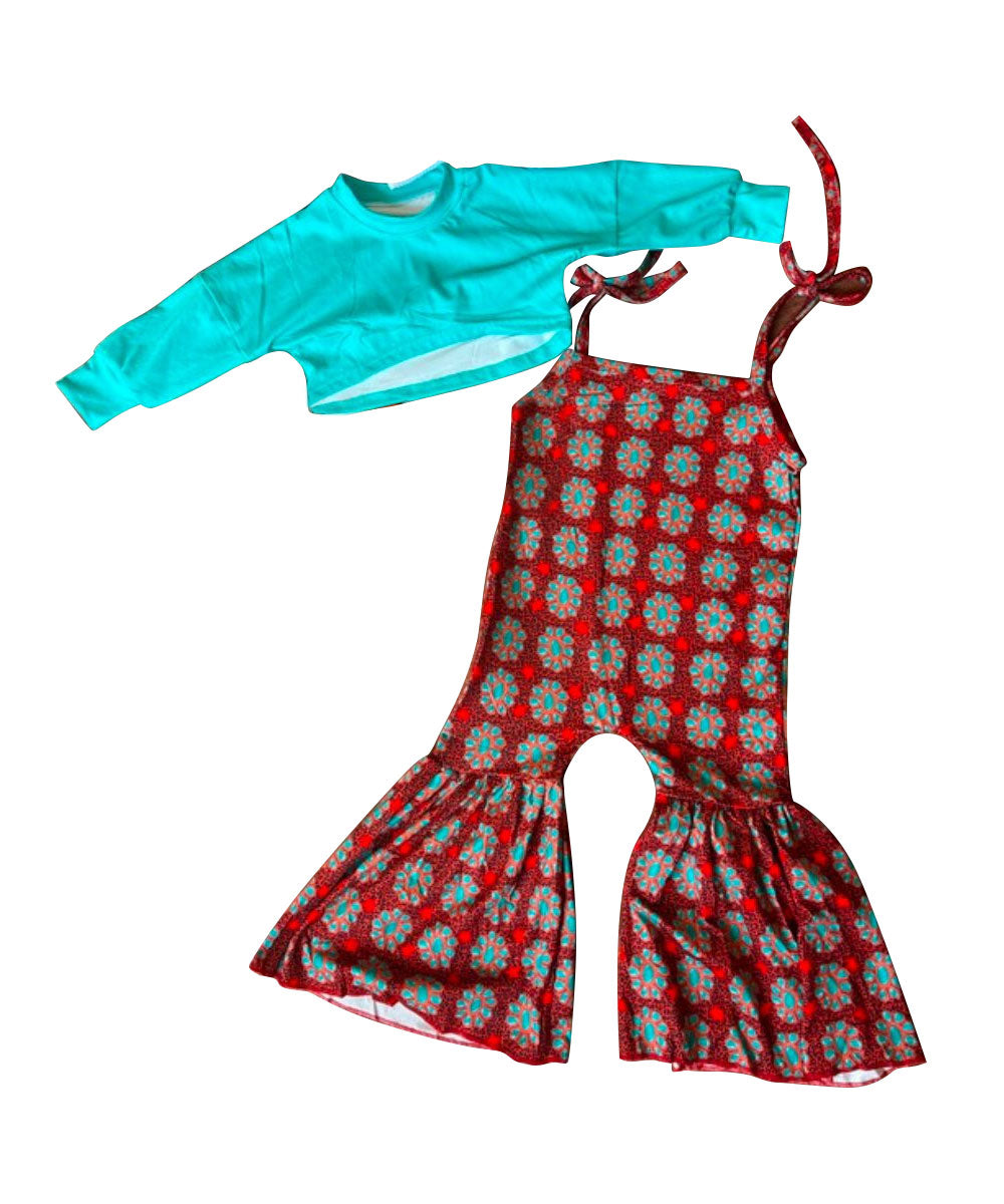 ( Moq 5 ) Preorder Baby Girls Long Sleeves Blue Shirt Turquoises Print Jumpsuit Western Clothes Set