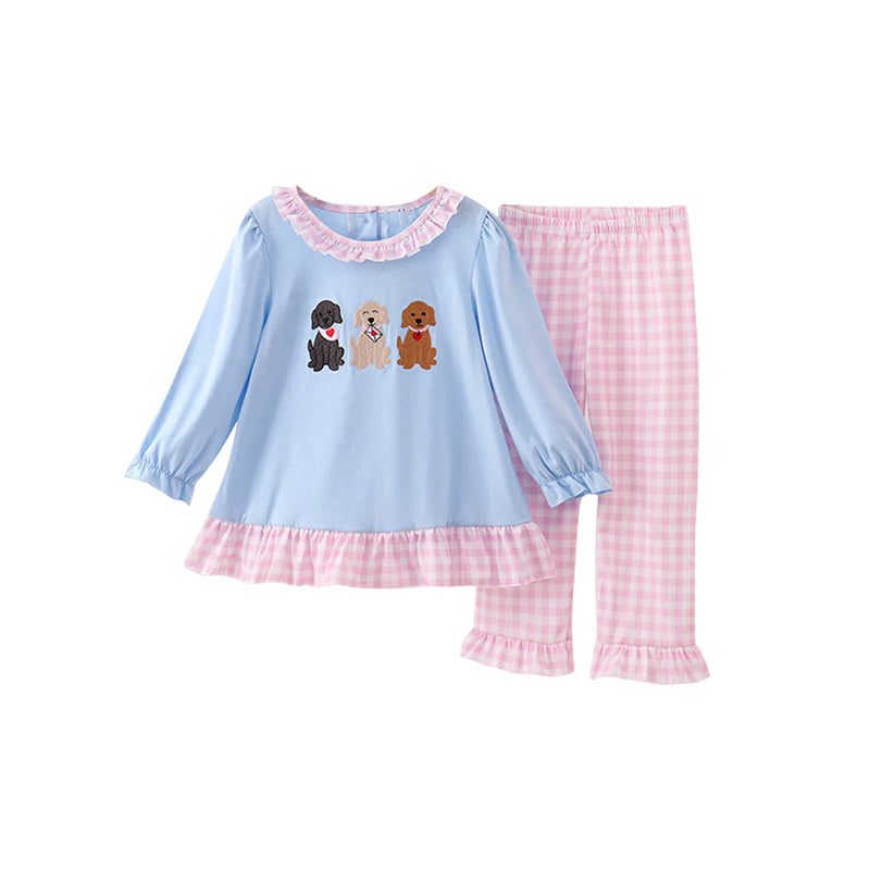 ( Moq 5 ) Preorder Baby Girls Long Sleeves Dogs Hearts Tunic Pink Plaid Pants Valentine Clothes Set