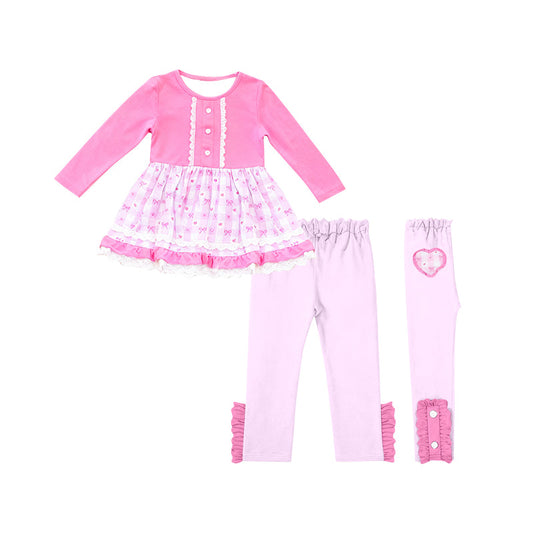 ( Moq 5 ) Preorder Baby Girls Hearts Bows Plaid Ruffle Tunic Pink Pants Valentine Clothes Set