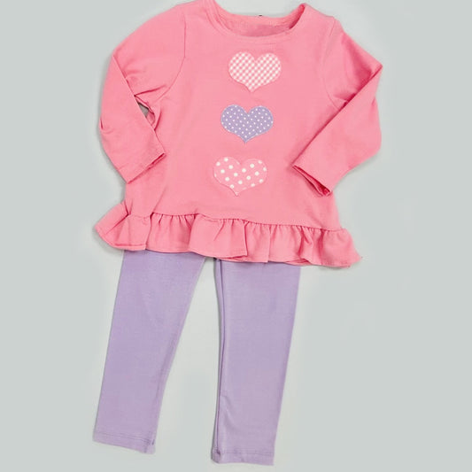 ( Moq 5 ) Preorder Baby Girls Long Sleeves Hearts Tops Purple Pants Valentine Clothes Set