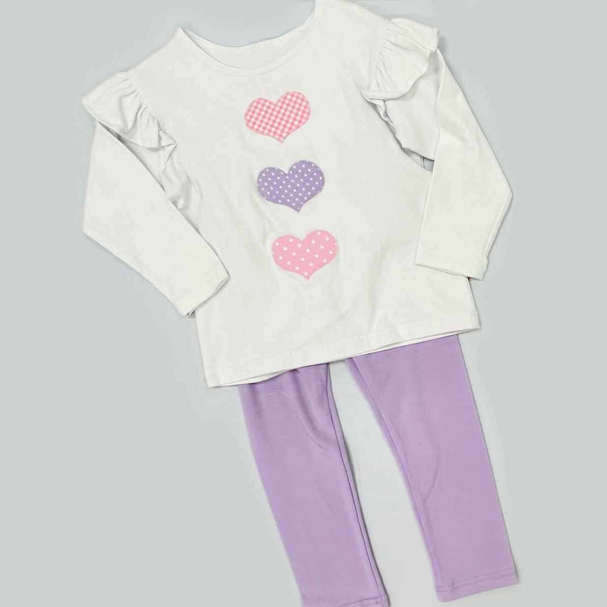 ( Moq 5 ) Preorder Baby Girls Long Sleeves Hearts Ruffle Shirt Purple Pants Valentine Clothes Set