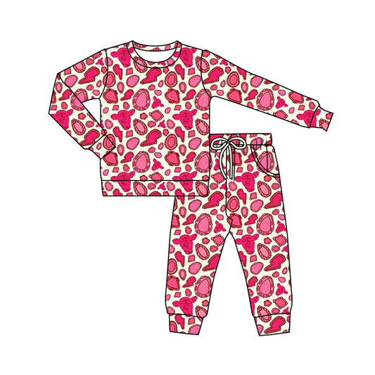 ( Moq 5 ) Preorder Baby Girls Long Sleeves Turquoises Cow Print Shirt Pants Western Pajamas Outfit