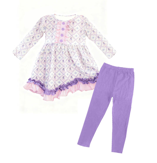 ( Moq 5 ) Preorder Baby Girls Long Sleeves Flowers Bows Tunic Purple Leggings Clothes Set