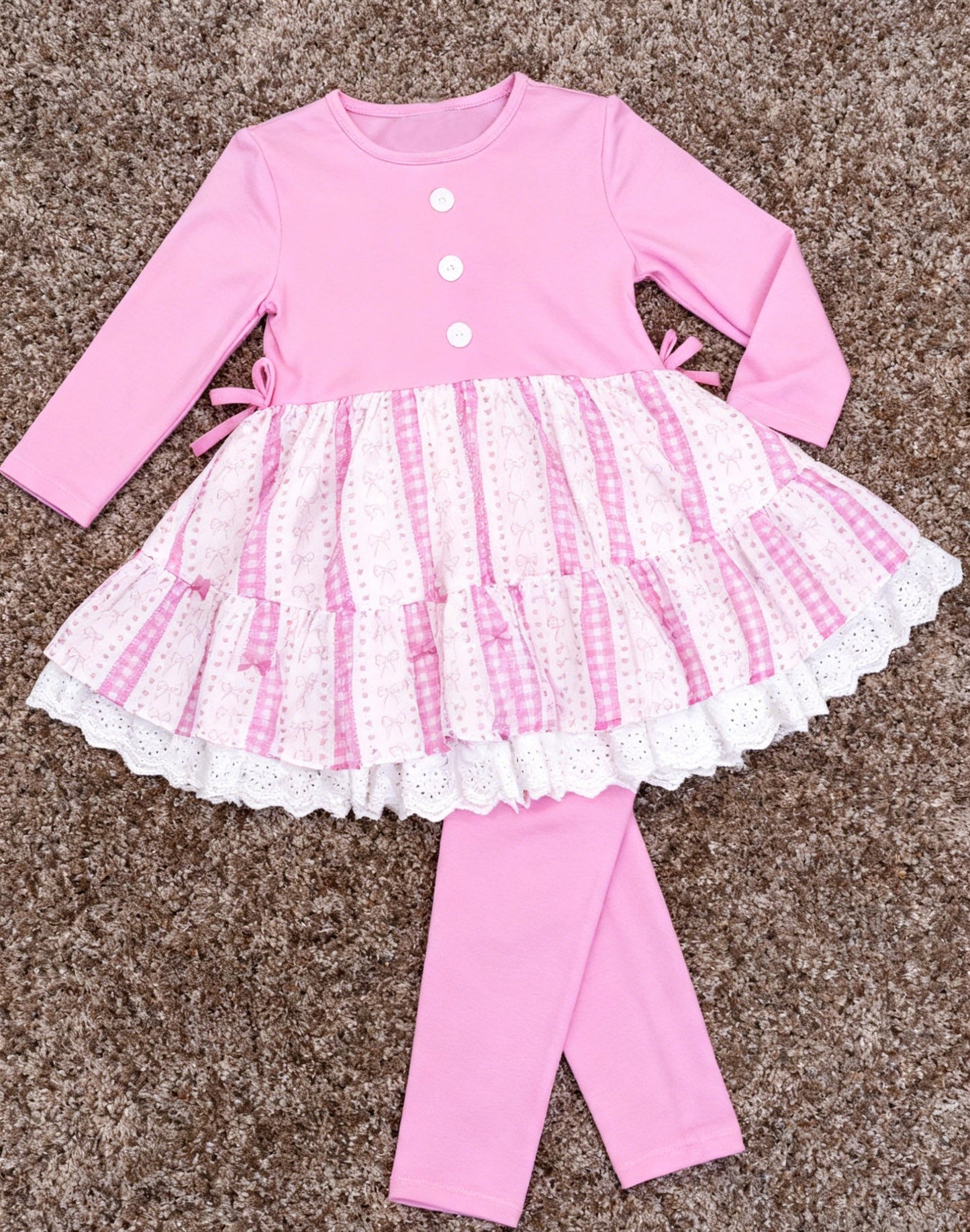 ( Moq 5 ) Preorder Baby Girls Bows Hearts Buttons Tunic Pink Leggings Valentines Set