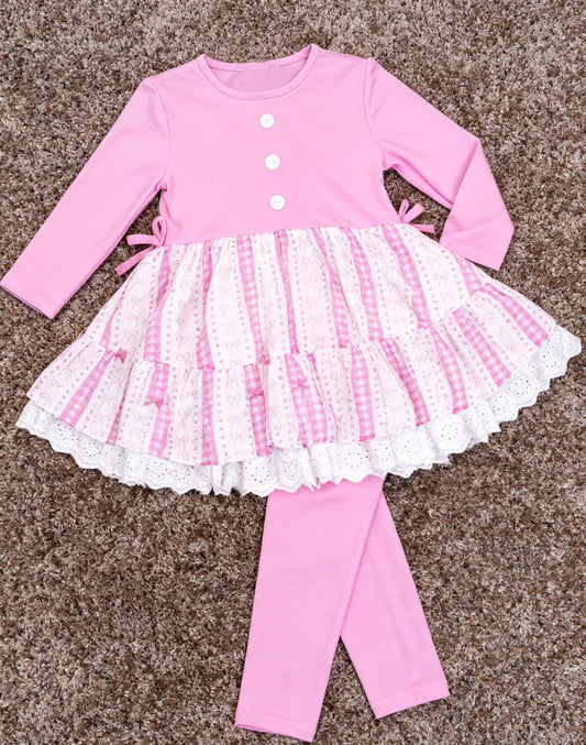 ( Moq 5 ) Preorder Baby Girls Bows Hearts Buttons Tunic Pink Leggings Valentines Set