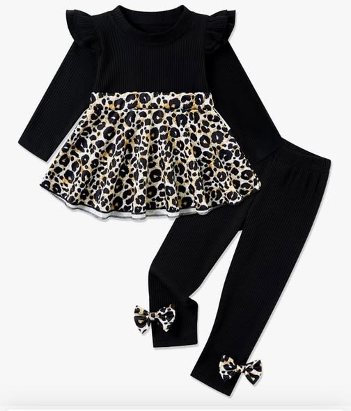 ( Moq 5 ) Preorder Baby Girls Black Long Sleeves Leopard Tunic Bows Leggings Clothes Set