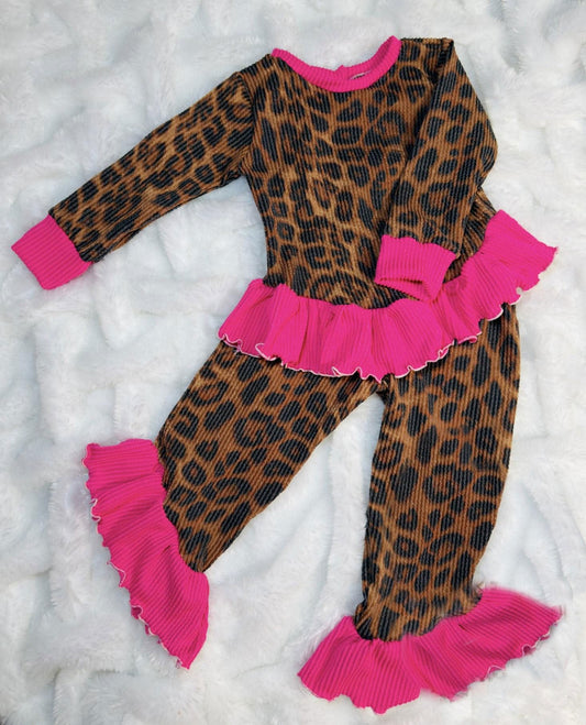 ( Moq 5 ) Preorder Baby Girls Long Sleeves Leopard Tunic Pink Ruffle Pants Clothes Set