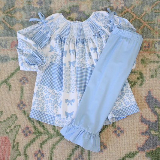 ( Moq 5 ) Preorder Baby Girls Kids Long Sleeves Bows Flower Tunic Blue Pants Clothes Set
