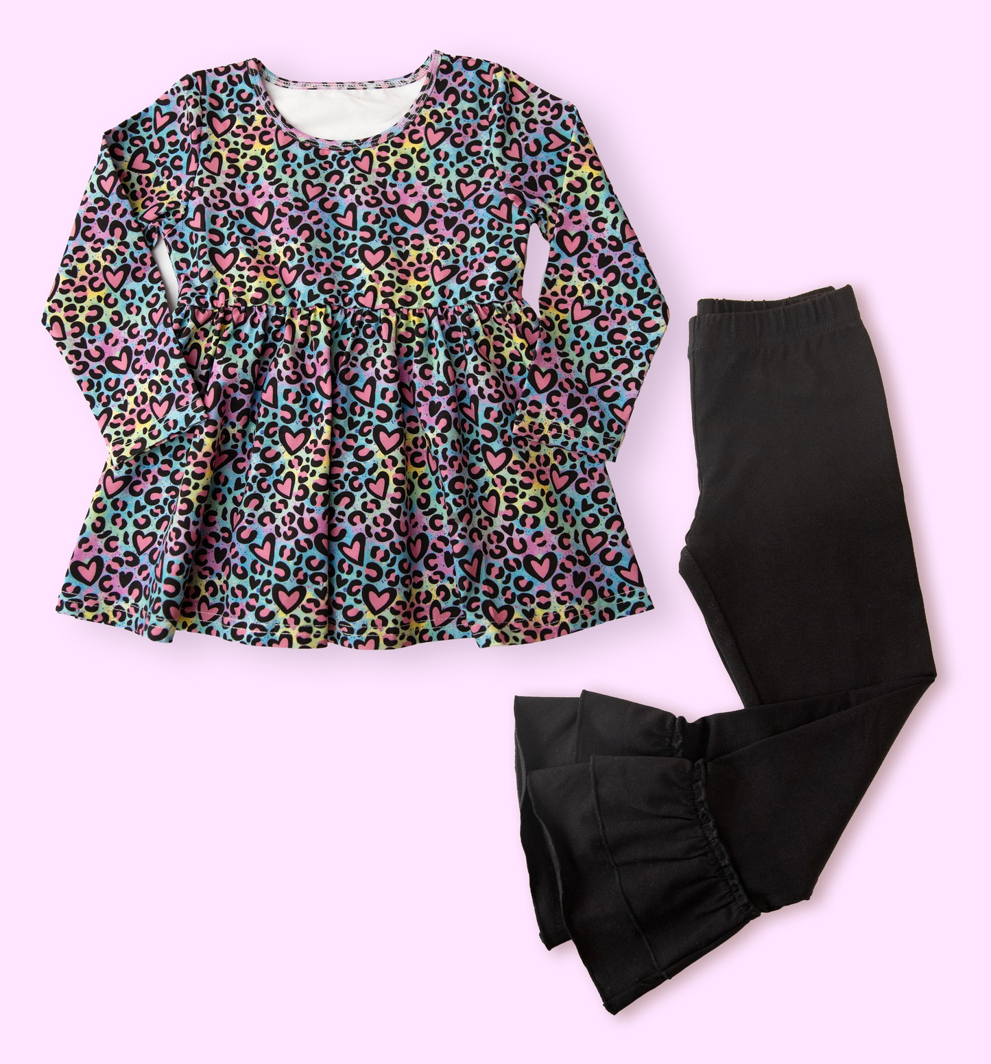 ( Moq 5 ) Preorder Baby Girls Long Sleeves Hearts Leopard Tunic Black Pants Valentines Clothes Set