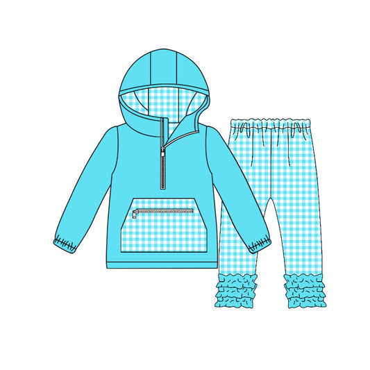 ( Moq 5 ) Preorder Baby Girls Long Sleeves Plaid Zipper Pocket Hoodie Pullover Ruffle Pants Set