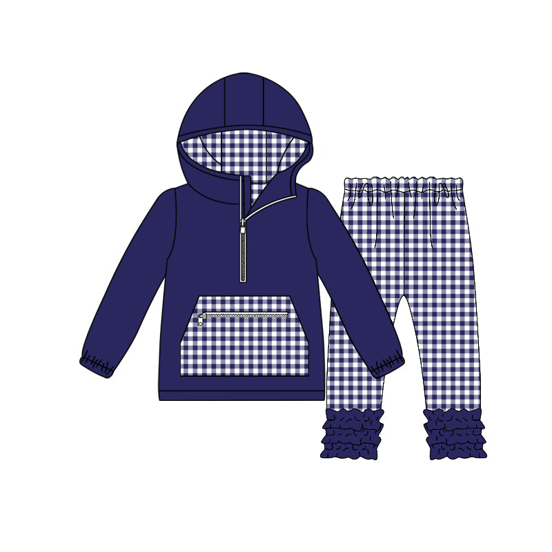 ( Moq 5 ) Preorder Baby Girls Navy Plaid Zipper Pocket Hoodie Pullover Ruffle Pants Set