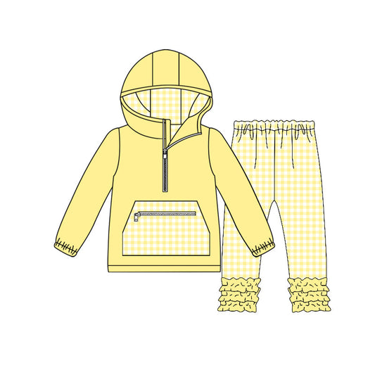 ( Moq 5 ) Preorder Baby Girls Yellow Plaid Zipper Pocket Hoodie Pullover Ruffle Pants Set